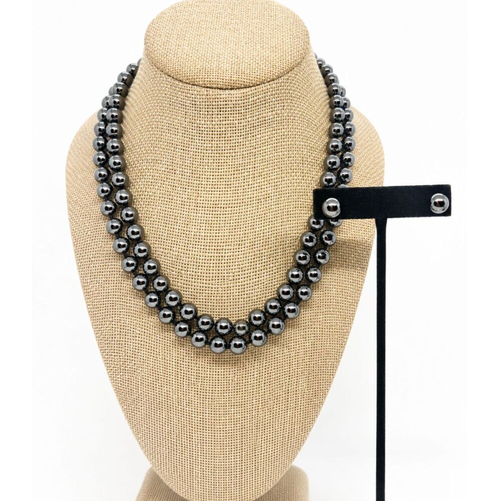 VINTAGE HEMATITE NECKLACE 3 Pc Set 2 Layered 18" Strands Stud Earrings